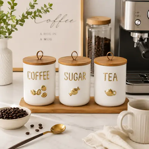Ceramic Storage Canister with Wooden Lid  Coffee Tea or Sugar