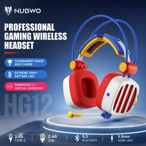 NUBWO HG12  Premium Wireless Gaming Headset, 2.4GHz & Bluetooth 5.3, Virtual 7.1 Surround Sound, 10-Min Fast Charge, 149H Battery, RGB Lights, Detachable Mic, for PC,phone,Tablet, PS5, PS4, Switch, Laptop