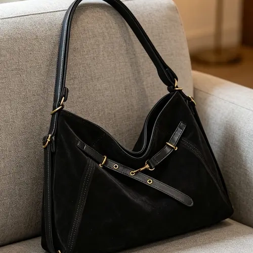 2026 New Vintage Tote Bag, Fashionable Shoulder Bag, Casual, Fall Winter Aesthetic, Soft Matte Velvet Texture, Metal Lock Detail, Adjustable Straps, Large Capacity