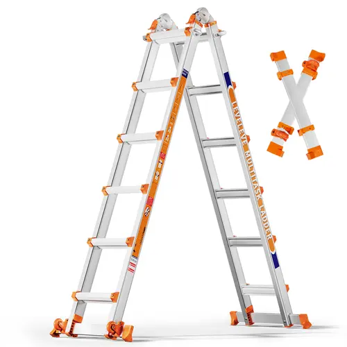 LEVELEVE Aluminum Telescoping Extension Ladder - Sturdy Portable Adjustable Multi-Position A-Frame Step Ladder with Stabilizer Bars, Narrow Folded Width, 330LBS Load Capacity, Wheels, Safe for Home & Outdoor Roof Work, Aluminum Ladder