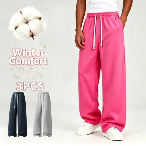 Men's 3-Pack Baggy Wide-Leg Thick Cotton Blend Sweatpants - High Waist with Drawstring, Street Style Bottoms for Winter Loungewear, Activewear, Athletic