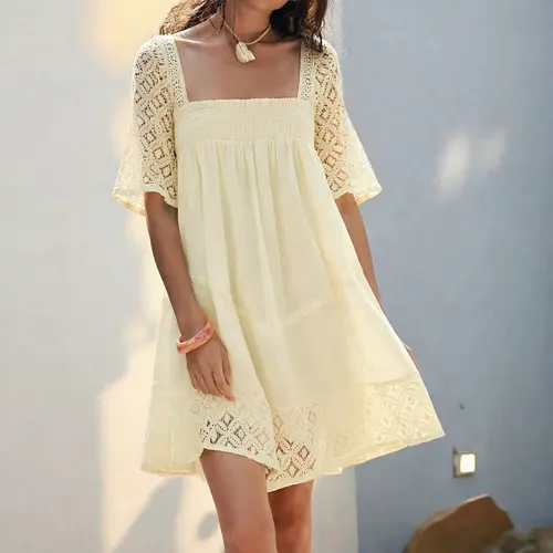 Chicovar Chicovar Women's Summer Boho Babydoll Dress Square Neck Smocked Lace Sleeve Flowy Mini Sundress Beach Tunic Top