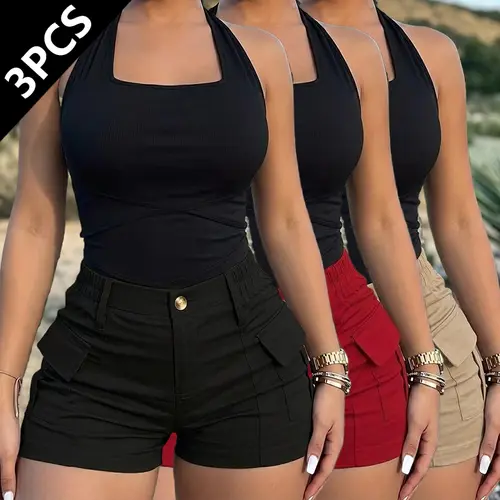 3-pack women’s outdoor sports shorts—casual wear for home, suitable for fitness training, hiking, running, and everyday outfits.