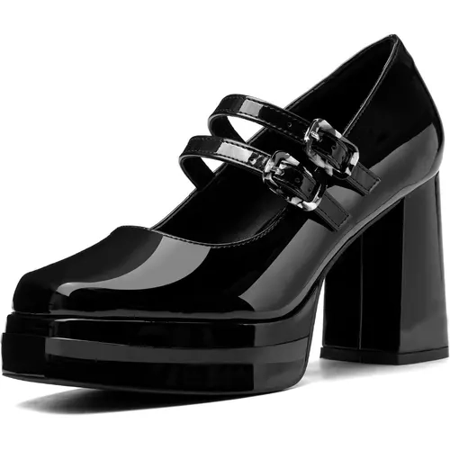 Coutgo Women's Buckle Mary Jane Platform Heels - 2-Strap, Round Toe, Chunky Block Heel, Lightweight Chic PU Leather Rubber Shoes for Casual Wear, Party