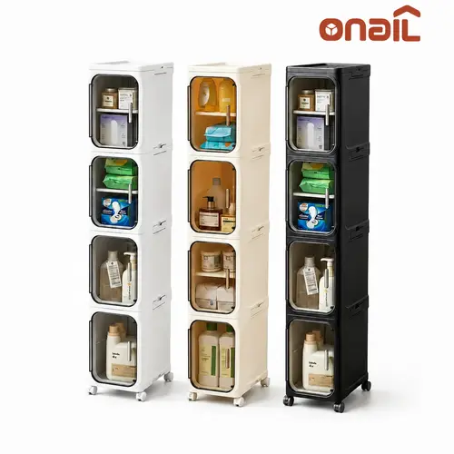 ONAIL 4-Layer Tall Narrow Plastic Storage Cabinet - Storage Organization Space Saver with Slim Design, Doors, Adjustable Shelves, Wheels, Stackable Foldable Expandable for Small Spaces, Bathroom (5 - 10 Kg Capacity)