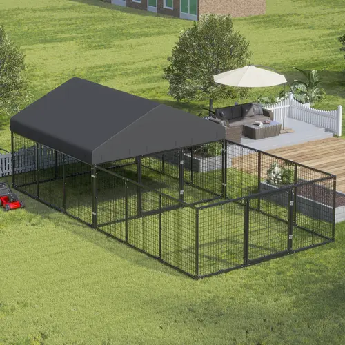PETONY Outdoor Dog Kennel with Heavy-Duty Metal Fence for Small/Medium Dogs, Anti-Rust Coating Cage with Waterproof Roof, All-Weather Use Design, Mesh Walls & Double Locks