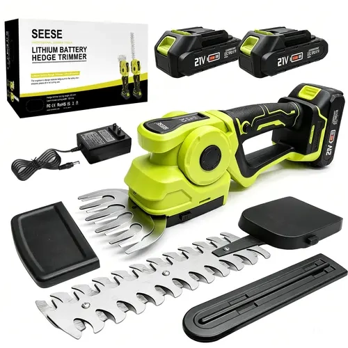 SEESE Electric Hedge Trimmer Cordless, 2-in-1 Handheld Grass Shears & Bush Trimmer, Adjustable Machine Head, 2 Rechargeable Batteries and Charger for Garden & Lawn toolupgrade