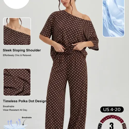 Katch Me Chic Women's Vibrant Polka Dot Sloping Shoulder Top & Wide Leg Trousers Co-ord, Breathable Loose   Short Sleeve   2-Piece Set for Spring & Summer, Stretch Pill-Resistant Soft Daily Outfit #TikTokMadeMeBuyIt #SummerEssentials #MatchingOutfit