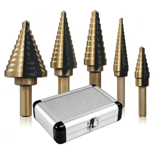 5PCS Titanium HSS Step Drill Bit Set, 50 Sizes High Speed Steel Unibit, Metal Hole Cutter for Sheet Metal, Aluminum Storage Case Included, DIY & Industrial Drilling Tools