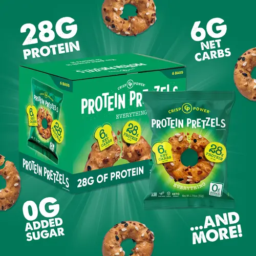 CRISP POWER Protein Pretzels, Everything , High Protein Snack, 28G Protein, High Fiber Crunchy Pretzel Snacks, No Added Sugar, 1.75 oz Bags, 6 Pack, Plant-Based, Keto Crispy