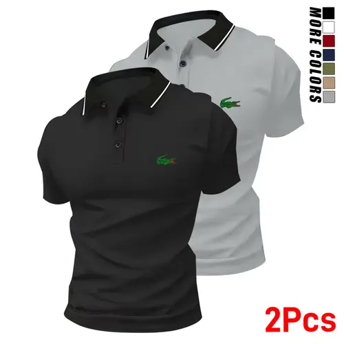 Men’s stylish polo shirt set featuring a small green crocodile print (2 pieces). Fashionable business-casual polo shirts with turn-down collars—comfortable, breathable short sleeves for summer; ideal as a gift.,back to school,back to school shopping