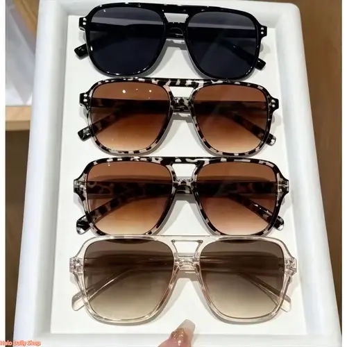 Women's 4-Pack Polarized Fashionable Sunglasses Set - Unisex Double Bridge Aviator, Small Oval Square Vintage Styles, Lightweight Casual Leopard Animal Print Accessory for Outfits, Daily Use, Back to School, Outdoor