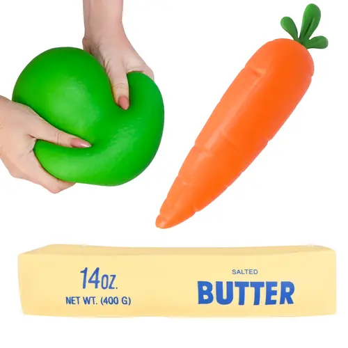 Toymendous Jumbo Squishy Food Bundle, Butter, Lime & Carrot Slow Rising Sensory Fidget Toys, 3 Pack