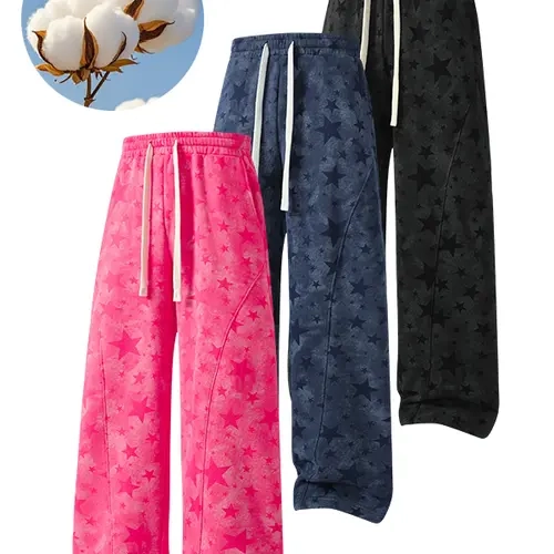 All-over star print wide-leg sweatpants, loose fit with a fluid drape, casual long pants