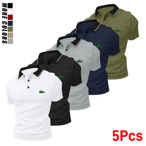 Pack of 5 summer men’s short-sleeve polo shirts with turn-down collar and crocodile print; casual sportswear tops for men—essential for business travel, dates, and home wear | Breathable, comfortable fabric; casual style | Golf shirt