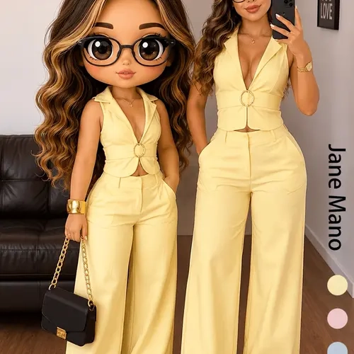 French Style Light Sleeveless Vest Set, Metal Ring Waistcoat, High-Waisted Loose Fit Pants, Office Wear Two-Piece