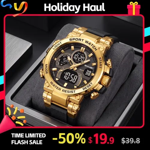 SKMEI Male Oversize Dial Sport Look Watch for Men - 55×59.4mm ABS Case, Soft TPU Band with Clasp, Luminous EL Backlit, Stopwatch, Countdown Timer, Alarm, 3 Multi-Timezones, 30M - 50M Water Resistance, 12/24H Format, for Work & Daily Wear