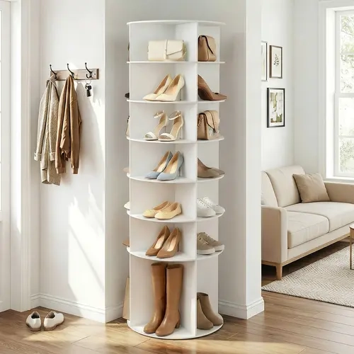 White 7-Tier Round WPC 360° Rotating Shoe Organizer Tower - Single Unit, Freestanding Base, Mortise Joint No-Tool Assembly, Large Capacity Indoor Entryway Storage Shelf, Rotates 360°