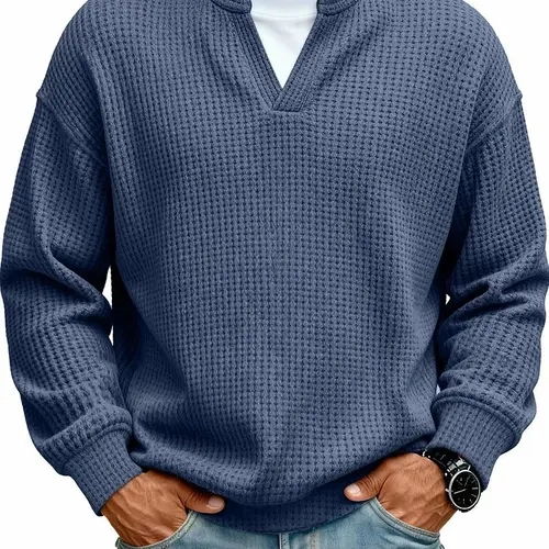 Men's Stylish Long-Sleeves Henley Polo Shirt - Acrylic 3D Checkered Wa