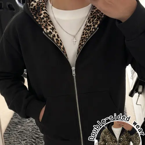 Men’s cotton zip-up hoodie, solid color outer layer with leopard print lining for reversible wear, loose long sleeves, street casual jacket with pockets