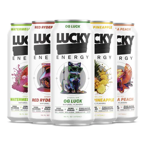 Lucky Energy Essentials Variety Pack - Energy Drinks 10 Pack, 16oz Cans, Zero Sugar, 200mg Caffeine | OG Luck, Red Ryder Punch, Watermelon Candy, Son of a Peach, Mango Pineapple | Clean Energy Sampler, No Crash