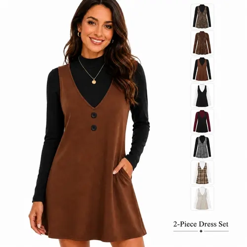 Wiholl Fashion Fall Dresses for Women 2 Piece Sets Long Sleeve Overall Dress with Pockets Abvoe Knee Fashion Winter Clothing