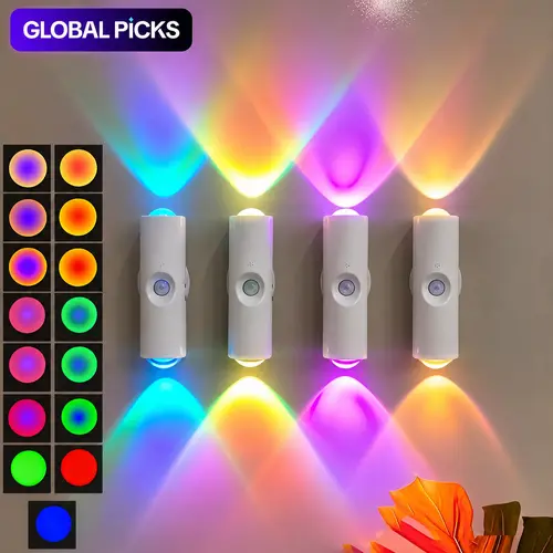4-Pack Modern Motion Sensor LED Night Lights - Smart Rechargeable RGB Gradient Ambient Wall Lamps, Dimmable Magnetic Stick-On, USB-Charging, Long Battery Life, Aesthetic Home Decor for Room, Bedroom, Home Supplies