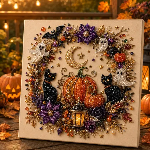 Halloween Ghost Theme 3D Pearl Diamond Art DIY Kit, Spooky Cute Beginner Needlework Craft, Fall Home Decor Wall Art Party Gift
