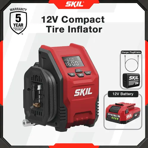 SKIL 12V PWR CORE Starter Kit + Inflator Bundle for Cars/Motorcycles - Includes 12V Battery, USB-C Charger, 4-in. Inflator