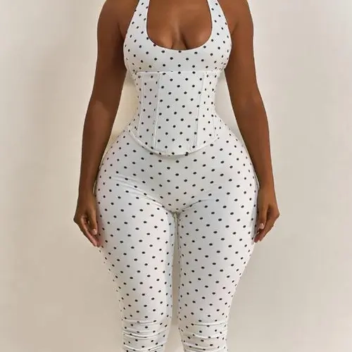 Women’s Seamless Polka Dot Shapewear Halter Bodysuit 2-Piece Set, Tummy Control & Butt Lift Waist Trainer