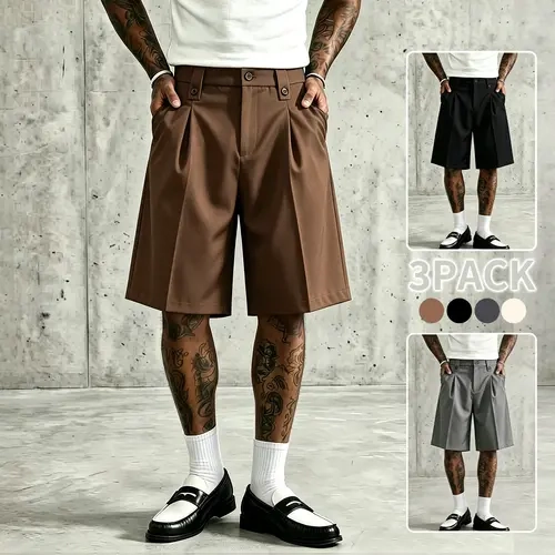 Men's 3-Pack Retro Elegant High-Waist Pleated Suit Shorts, Wrinkle-Free Tailored Fabric, Knee-Length, Double Front Pleats, Zipper Button Fly, Pockets, Summer Smart Casual Men's Clothing for Golf Office