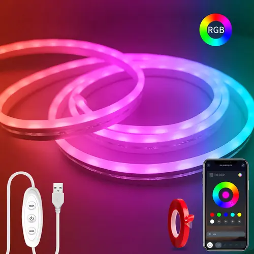 YEEWHALE 5V USB LED Neon Strip Lights with Silicone Cover, APP & 3-Key Controller Multi-Color Wireless Music Sync, IP65 Waterproof DIY Flexibility Indoor Use for Room Decor, Bedroom TV Backlight Cabinet