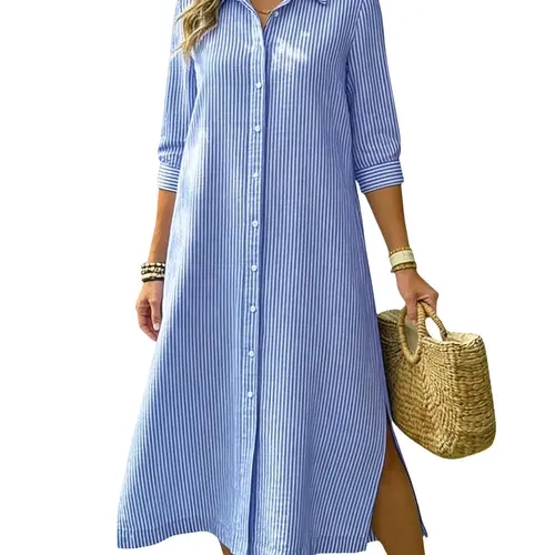 Ebossy Women's Casual Boho Collared 3/4 Sleeve Button-Down Loose Striped A-Line Mid-Long Flowy Side Slit Dress with Pockets, Women's Button Pocket Casual Dresses, Boho Clothes Fashion Apparel