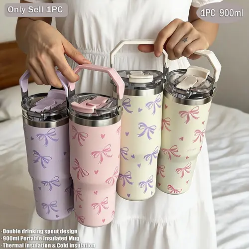 900ml Insulated Stainless Steel Tumbler, Heart & Bow Pattern, Dual-Layer Vacuum Flasks Travel Cup with Lid, Ideal for Outdoor & Office Use, Gift Idea