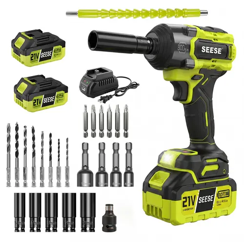SEESE 3 in 1 Cordless Impact Wrench 590 FT-LBS(800N.m) 3200IPM 1/2 Impact Gun High Torque Electric Impact Driver Cordless Impact Wrench with 21V 2 x4.0Ah Battery ,LED Light,9 Sockets,6 Drills,6 Screws & Case for HomeCar Tire Lug Nut fathe