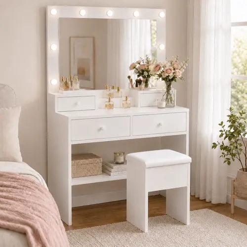 [ Limited-Time Offer ] DAYAGO Drawer  Vanity Desk with Mirror and Lights, White Makeup Vanity Set with 4 , Hidden Storage Stool, 3 Lighting Modes and Power Outlet for Bedroom, Led Makeup Vanity, Large Vanity Desk