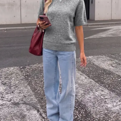 Elegant Women's Winter Casual Knit Top, Solid Color Round Neck Short Sleeve Fitted Tee, French Style Home Office Wear