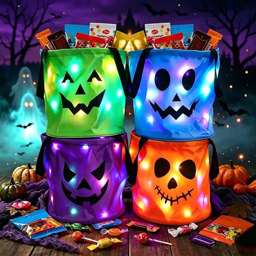 3/4 Pcs Halloween Candy Bucket with LED Lights Non Woven Gift Bags Trick or Treat Bags Pumpkin Candy Bags Reusable Tote Bags for Kids Students Adults, Halloween，Glow-in-the-Dark Pumpkin Treat Totes, Spooky Night Trick-or-Treat Gear for Neighborhood Candy