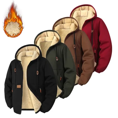 Men's Plain Pull-On Hooded Fleece Jacket - Long Sleeve Tops Coats, Warm Cozy Outerwear, Standard Sizes, Autumn-Winter Use, Foldable for Outdoor Activities & Gifting,sohochic