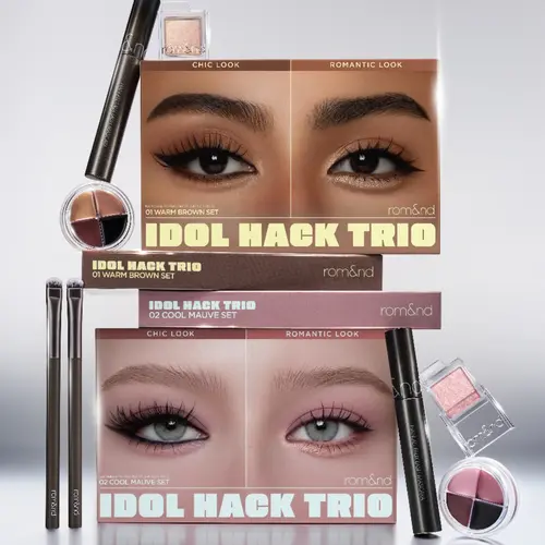 rom&nd Idol Hack Trio Pack Makeup Sets Beauty Bundle Kit - Pot Liner, Eyeshadow, Mascara with Free Brush for Versatile Eye Looks
