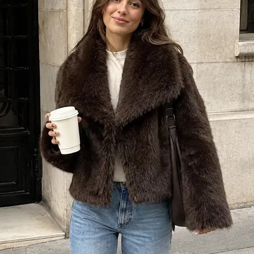 Women's Solid Color Faux Fur Fuzzy Jacket Outerwear Casual Long Sleeve Collared Fuzzy Coat for Fall & Winter Coat Female Women's Clothing For Daily Wear Cute Tops