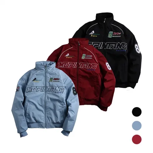 Men's Sporty Racing Style Hooded Stylish Jacket - Fleece Fabric, Stand Collar, Graphic Prints, Patch Details, Long Sleeves, Menswear for Streetwear or Sportswear