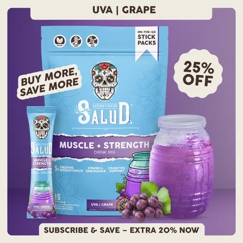 Salud 2-in-1 [Muscle + Strength] Daily Performance Drink Mix, Post Workout Recovery, Strength, Power, Endurance & Cognitive Support, 5g Creatine Monohydrate + 50mg Senactiv, 0g Sugar, Sports Nutrition (15 Servings)