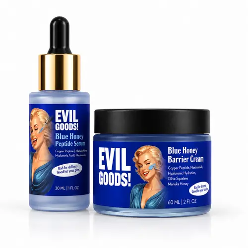 EVIL GOODS! Blue Honey Copper Peptide Facial Serum & Cream Bundle, Lightweight Daily Hydrating Set with Hyaluronic Acid for Radiant Skin, Moisturizer, Green Tea, Evening, Skin Repair, 24 Months, 30G, All Skin, Moisture, Naturally Derived Serums & Essences