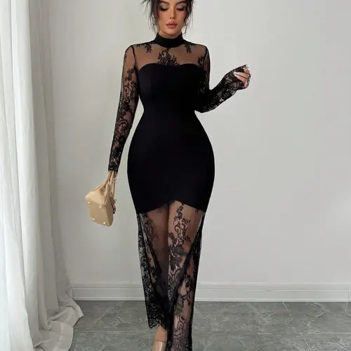 Elegant Floral Lace Long Sleeve Dress, Fall Stand Collar Fish Tail Style, Perfect for Evening Events, Weddings, Parties