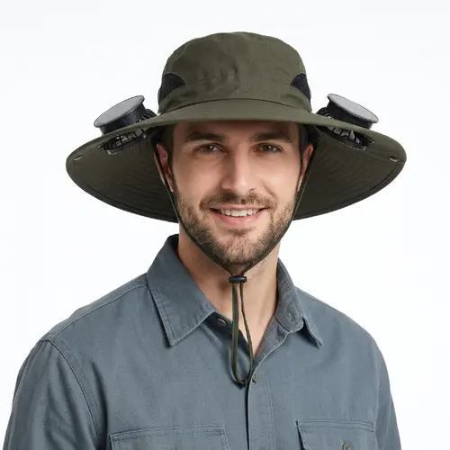 Unisex Outdoor Sports Wide Brim Sun Protection Hat with 2 Built-in Solar Fans, UPF 50+, Mens Hats for Beach Fishing