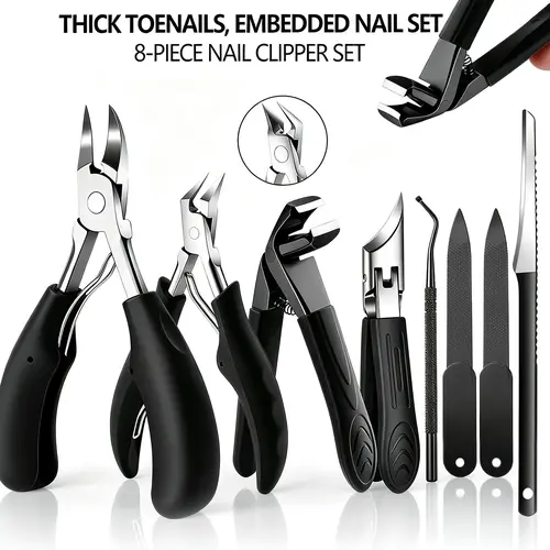 8PCS Professional Stainless Steel Pedicure Kit - Heavy Duty Toenail Clippers for Thick & Ingrown Nails with Angled Blade, Cuticle Tools, Nail File