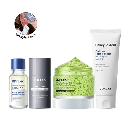 [Mikayla Picks] Dr.Leo 4-Step Acne Care Kit for Oily & Sensitive Skin - Barrier Repair Set with Salicylic Acid, Detox Charcoal Clay Stick, CICA Moisturizer & Spot Treatment, Hyaluronic Acid, Lightweight #sohochic #tiktokshopbacktoschool, Cleanser, Pore, L