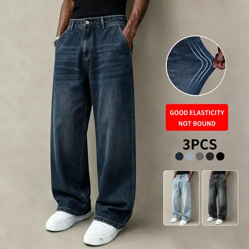 Men's 3-Pack Elastic Vintage Washed Wide Leg Loose Baggy Jeans, Stretch Denim Breathable Fabric with Pockets for Outdoor Streetwear, Retro Menswear Pants (Size Small)