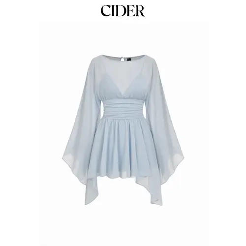 Cider Chiffon Boat Neck Cloak Sleeve Hanky Hem Smocked Oversized Romper